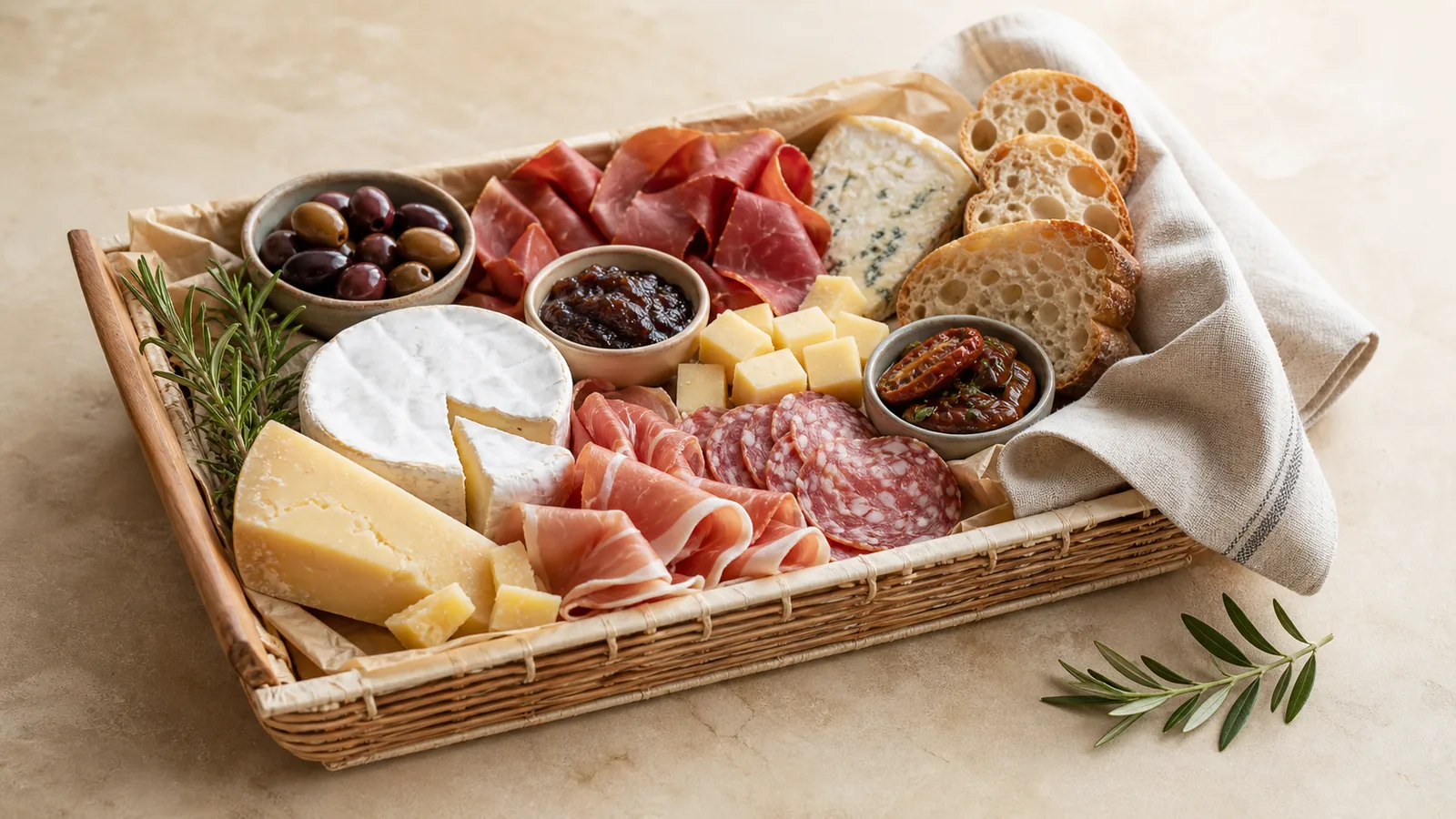 Cesta de frios e queijos como sugestão visual de presente gourmet