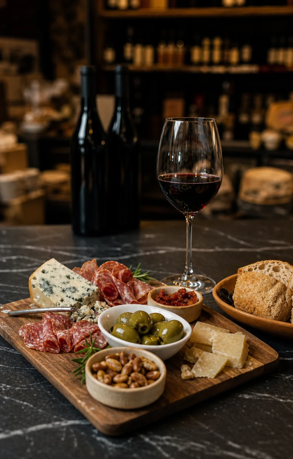 Vinhos sem rótulo legível com queijos e frios